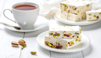 Delicious Pistachio Turkish Delight with Tea.