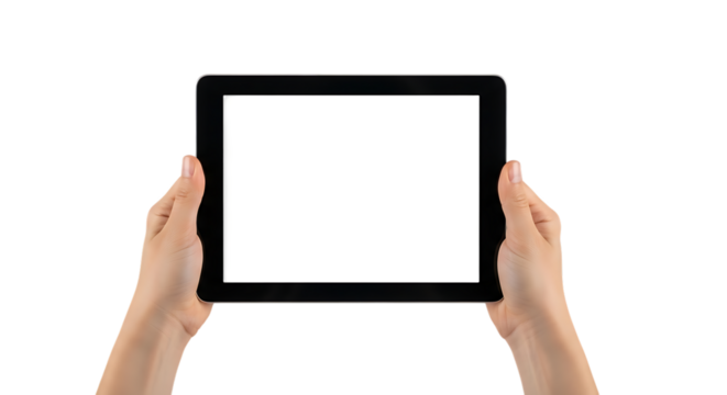 Hands holding tablet computer with blank screen on black background
