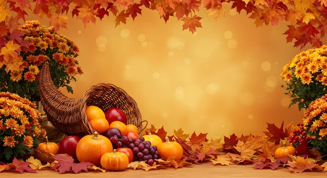 A vibrant autumn harvest scene featuring a cornucopia overflowing with colorful fruits and vegetables, surrounded by mums and fallen leaves on a warm background.