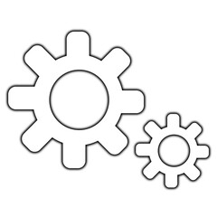 Two white gears isolated on transparent background, representing mechanical processes