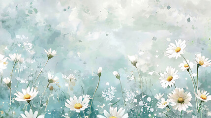 A painting of a field of white flowers with a blue sky in the background