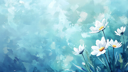 A painting of a blue sky with white flowers in the foreground