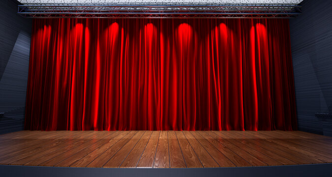 A theater stage with a red curtain , cinema concept