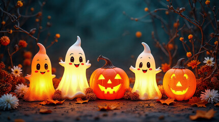 Cute glowing ghost and spooky jack o lantern pumpkin decoration for fun halloween night celebration in autumn