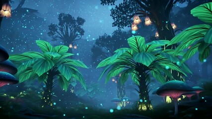Enchanted forest at twilight with glowing mushrooms and ethereal lights illuminating the scene - Powered by Adobe