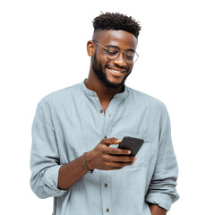 Man smiling and holding phone in hand,looking into it,PNG,clipart,transparent background.