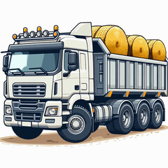 Illustration of a white dump truck carrying hay bales.