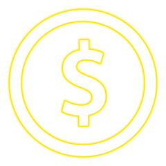 Neon yellow dollar coin icon isolated on transparent background for finance app