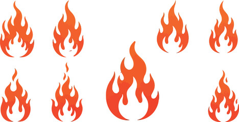 Hand-Drawn Fire Flame Vector Set – Red and Orange Cartoon Flames Isolated on White
