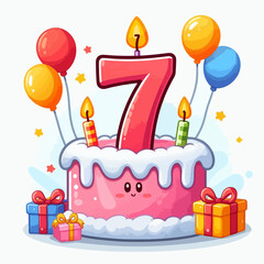 A festive birthday cake with a large number 7 candle, surrounded by balloons and gift boxes, celebrating a seventh birthday.