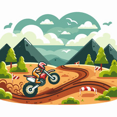 Motocross rider on a dirt track with mountains and trees in the background.