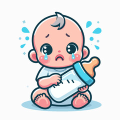 A cute cartoon baby is crying and holding a bottle, looking sad and upset.