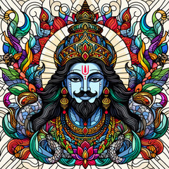 Vibrant stained glass portrait of a blue-skinned Hindu deity with a mustache and snakes.
