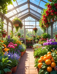 Obraz premium Bright, airy greenhouse filled with various colorful flowers