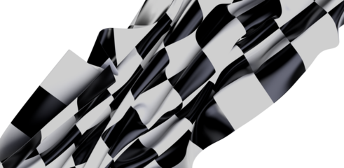 Close-up view of a waving checkered racing flag isolated on white background, perfect for racing and competition themes.
