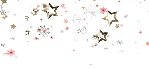 Festive Christmas background with floating stars and snowflakes on white. Perfect for holiday greetings, winter designs, and seasonal promotions