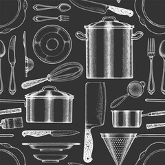Vintage Hand Drawn Vector Seamless Pattern of Cutlery. Not AI Generated. Chalk Board Retro Utensils Engraved Kitchen Old Style Illustration