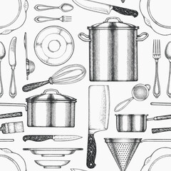 Vintage Hand Drawn Vector Seamless Pattern of Cutlery. Not AI Generated. Retro Utensils Engraved Kitchen Old Style Illustration