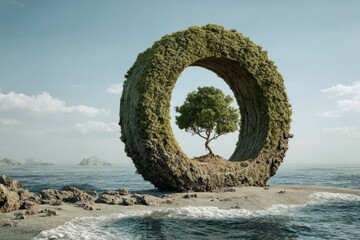 Fototapeta premium Green tree growing inside a circular island structure