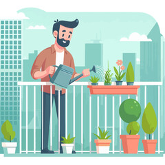 A man with a beard watering his collection of potted plants on a modern city apartment balcony.