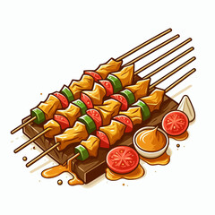A close-up illustration of delicious chicken skewers with tomatoes and green peppers, served on a wooden board with dipping sauce.