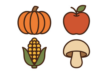 Set of four autumn harvest food icons including pumpkin, apple, corn, and mushroom