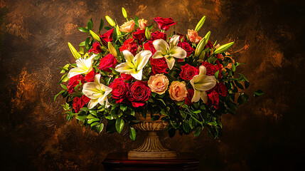 A vase of flowers with red and white flowers and a green leaf