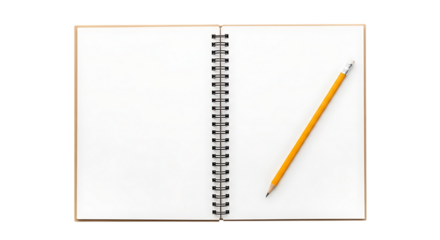 Open spiral notebook with blank white pages and yellow pencil placed
