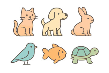 Naklejka premium Collection of common domestic and cute cartoon pet animal symbols