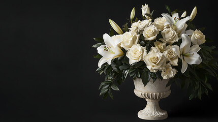 A white flower arrangement in a white vase