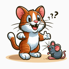 A cartoon orange and white cat giving a thumbs up to a small gray mouse with question marks above its head.
