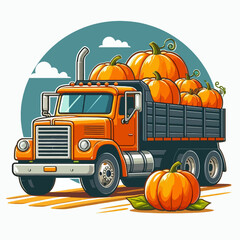 An orange semi-truck hauling a large load of ripe pumpkins for the autumn harvest season.