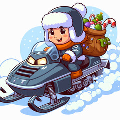 A cheerful cartoon child rides a snowmobile through the snow, carrying a sack filled with festive holiday gifts and candy.