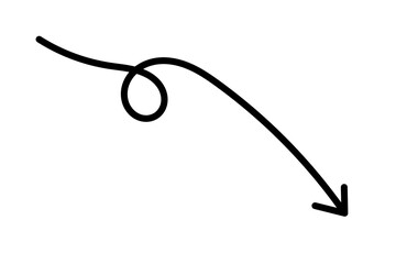 Curved hand drawn arrow with loop pointing down right for notes, infographic highlights, web UI direction, and creative presentation design