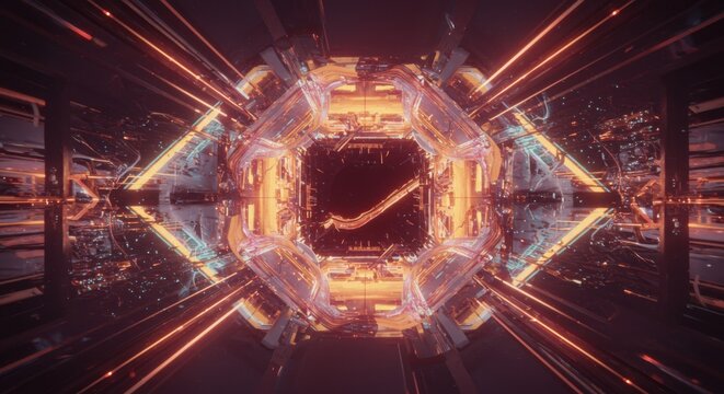 Immersive futuristic tunnel with glowing neon lights and intricate digital circuit patterns, evoking a sense of advanced technology and infinite possibility for sci-fi projects and digital art