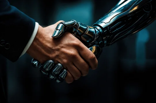 Businessman hand shaking the polished chrome hand of a futuristic robot