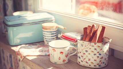 Vintage kitchenware holding handcrafted snacks, bathed in warm nostalgic light.
