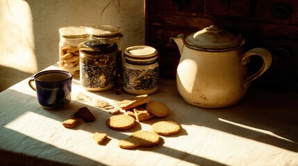 Vintage kitchenware holding handcrafted snacks, bathed in warm nostalgic light.