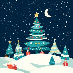 Obraz premium A festive christmas scene with decorated trees gifts snow and a crescent moon on a dark blue background, 32k resolution