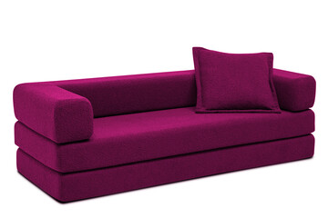 Modern convertible purple sofa bed on a white background studio shot