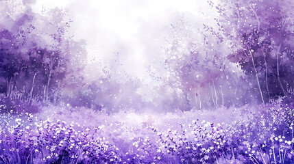 A painting of a purple field with trees in the background