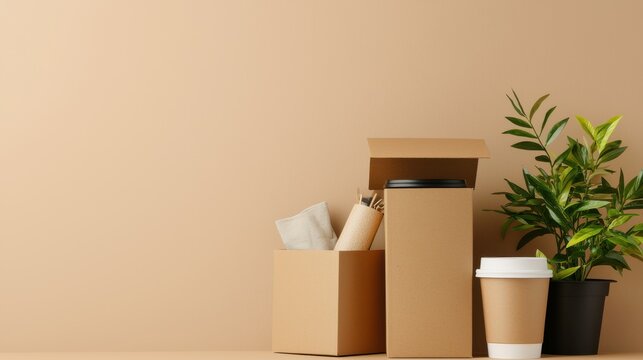 Cardboard Boxes with Coffee Cup and Plant, Sustainable Packaging, Delivery Concept, Eco-Friendly, Brown Background