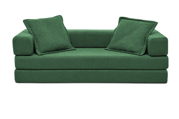 Modern green fabric sofa with pillows on a white background