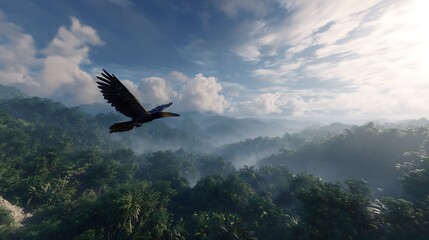 Aerial view of black hawk flying over green forest landscape scenic nature wildlife photography background