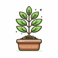 A simple cartoon illustration of a small green plant with several leaves growing in a brown pot.