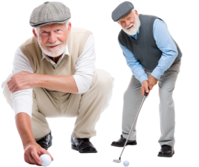 70-80 year old silver hair & bearded healthy senior golfers: in slavic squat is presenting golf ball & hitting the ball with a golf club;  smiled rentirees isolated over white (transparent) background