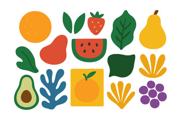 Vibrant abstract collection of stylized fruit and botanical shapes