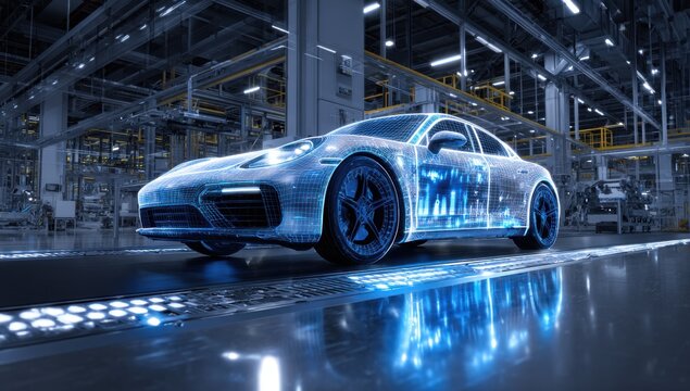 A futuristic car model with digital blue overlay moves on a factory assembly line