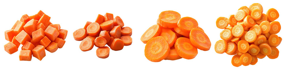 Carrots – Sliced or diced carrots commonly added to soups for flavor and texture. Isolated on Clear White Background Highly Detailed 