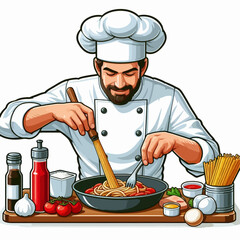 A cartoon illustration of a smiling male chef preparing and arranging grilled skewers on a wooden board with sauce.